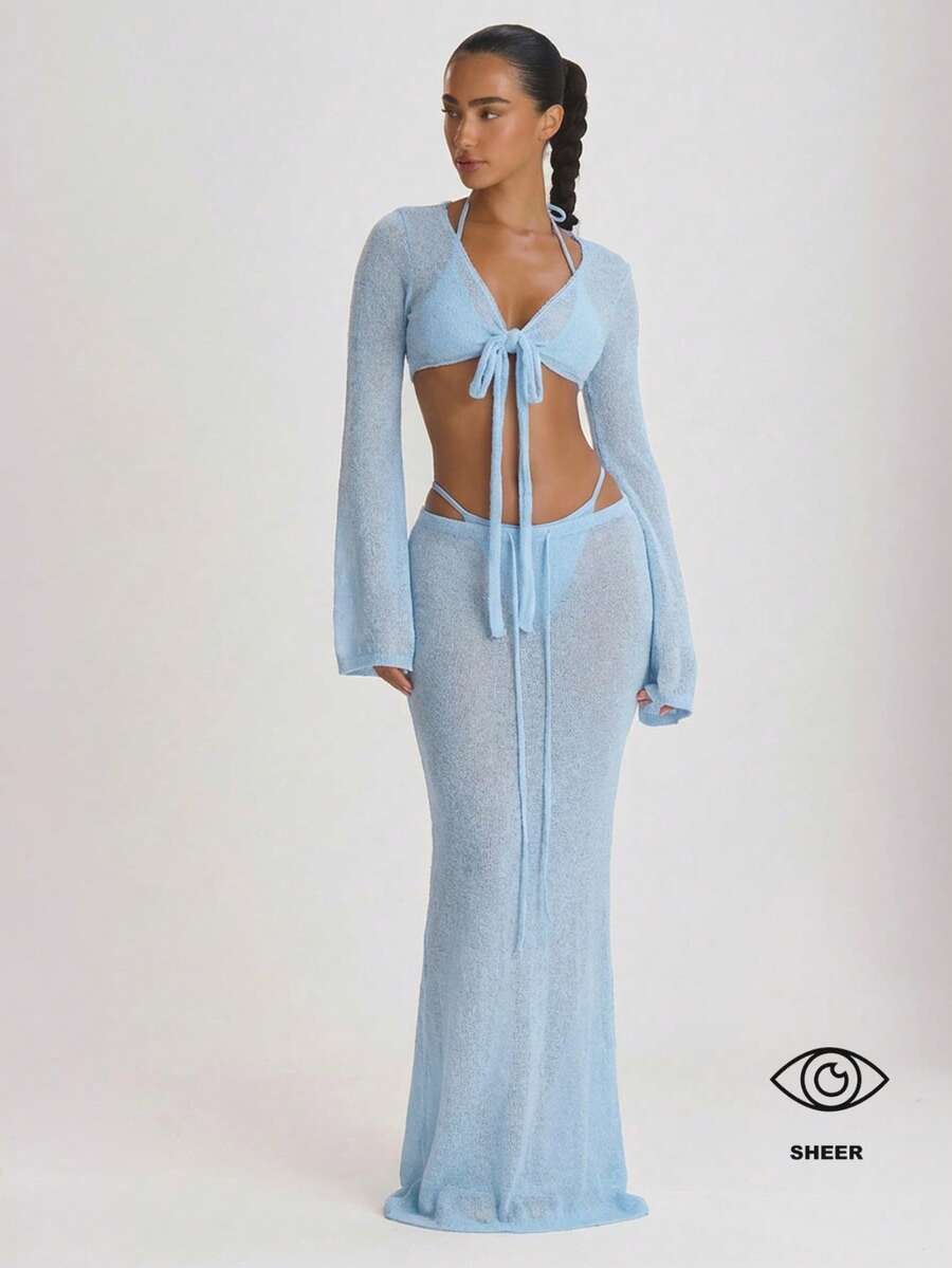 Musera Resort Knit Tie Front Maxi Skirt Cover Up Swim Vacation Holiday Summer Travel Beachwear Basics Solid Colour Resort Core - Baby Blue - View 1
