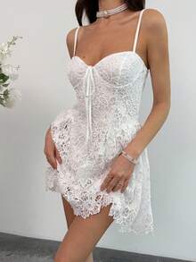 Aloruh Đầm ngắn dáng chữ A ôm sát màu trắng ren, dây mảnh, gợi cảm và thanh lịch dành cho khách dự đám cưới. - trắng - Xem 6