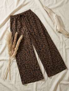 SHEIN PETITE Women's Casual Leopard Print Drawstring Waist Loose Pants - Brown - View 2