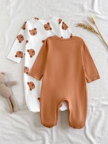 SHEIN Vintaside Kids 2件套男婴白色和灰色可爱大象印花长袖连体衣，适合秋冬季外出穿着，舒适百搭 - 棕色 - 查看 3