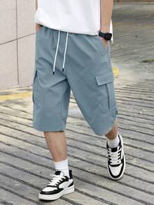 Manfinity Hypemode Men's Casual Solid Color Drawstring Cargo Shorts - Baby Blue - View 3
