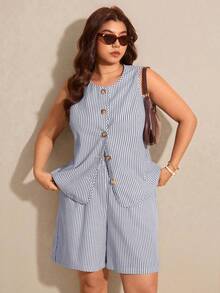 Elaquor Conjunto de 2 piezas de top de tirantes con botones y shorts a rayas, estilo casual de talla grande para verano - Azul Marino - Ver 4