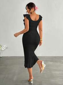 Firerie Plus Size Summer Casual Vacation Front Tie Ruffle Hem Sweater Dress - Black - View 2