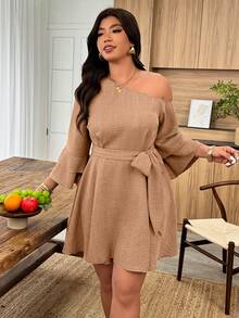 Weeklong Plus Size Blue Asymmetric Neck Ruffle Sleeve A-Line Casual Dress Fall - Brown - View 5