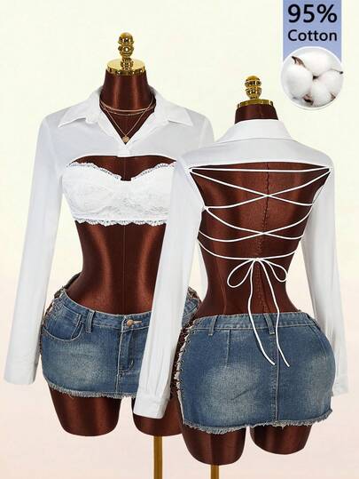 Amplova Lace Cup Underwire Long Sleeve Backless Criss-Cross Strap Women Blouse