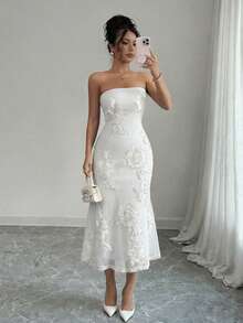 Rafferiza Vestido sin tirantes con malla y flores 3D en estilo vacacional para mujeres - Blanco - Ver 4