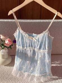 Comfortcana Damen Kontrast Spitze Schleife Mesh Trägerhemd - Blau - Übersicht 4