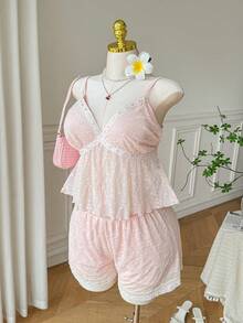 SHEIN EZwear 大码女装两件套撞色蕾丝吊带背心和短裤 - 淺粉色 - 查看 4