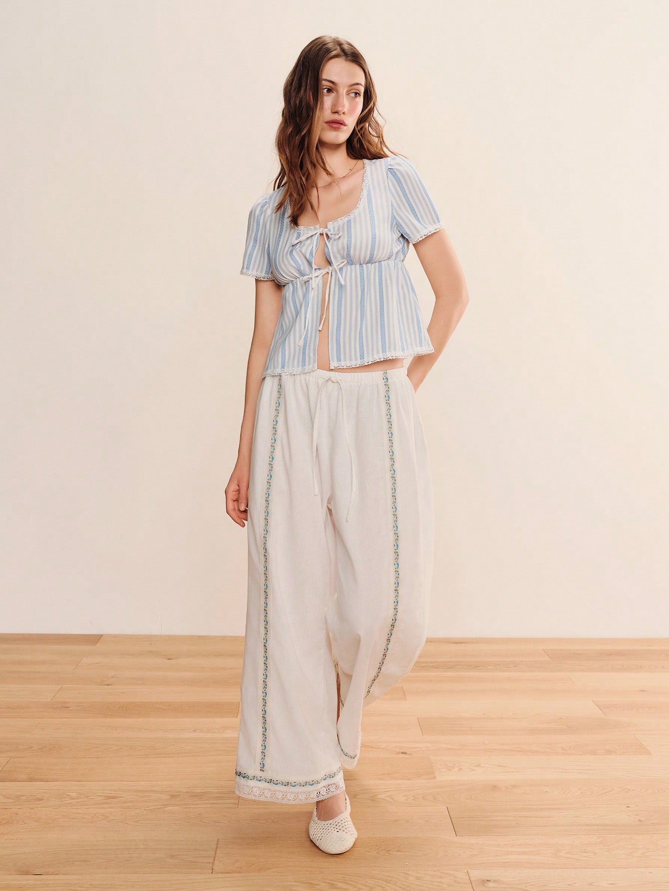 White Linen Loose Fit Summer Trouser With Blue Embroidery Panel Detail Boho Cute Spring Summerfrench Style Casual Pants Holiday Pants Vacation Pants