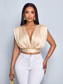 " Women's Elegant Pleated V-Neck Backless Satin Satin Blouse In Apricot Color, Suitable For Everyday Work." - Apricot - View 5