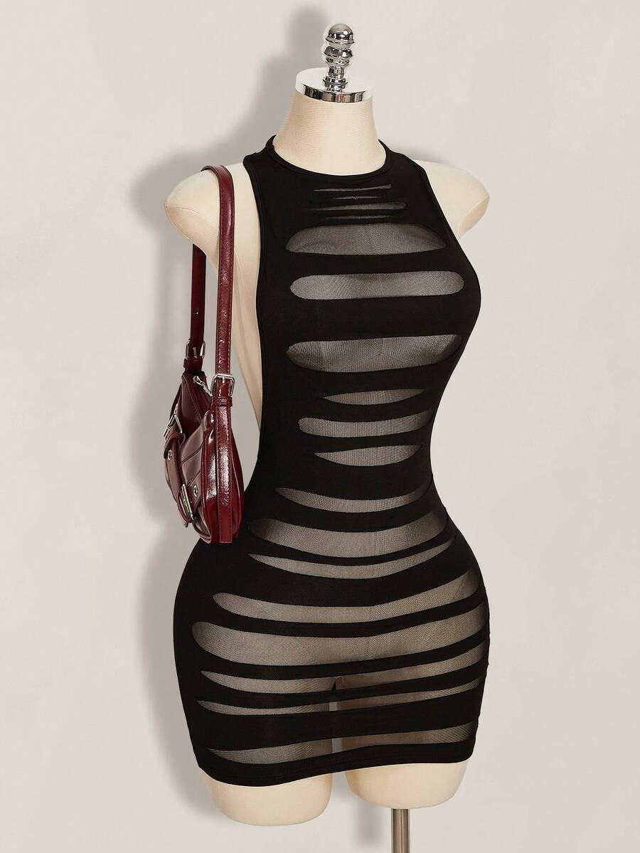 SHEIN ICON 2000 夏季女士外出黑色夜店哥特风露背纯色交叉露背休闲迷你连衣裙 - 黑色 - 查看 1