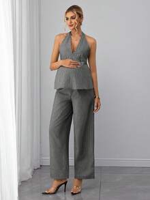 Momance Set de maternidad de 2 piezas: Top con escote halter, lazo en la espalda y pliegues en A + Pantalones rectos a rayas - Negro - Ver 5