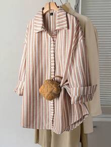 SHEIN LUNE 大码女式感恩节服装，适合秋季休闲日常穿着，大码女式几何印花长袖衬衫，休闲宽松舒适长款新年女装，居家度假皆宜，秋季服装，感恩节女式服装，圣诞节女式衬衫，休闲宽松舒适长款居家度假皆宜，秋季服装衬衫，节日服装衬衫 - 彩色 - 查看 1