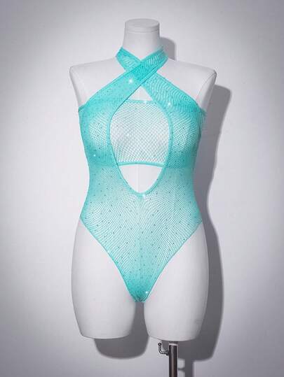 Bộ 2 món màu xanh dương/xanh bạc hà đính đá lấp lánh, co giãn, xuyên thấu, quyến rũ phong cách Y2K, kèm áo quây ngực, cỡ lớn.