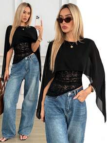 Easowa Áo kiểu nữ màu đen bằng vải chiffon phối ren tương phản, kiểu dáng thời trang phù hợp cho đi làm, dự tiệc nhỏ, mặc hàng ngày, mùa xuân/hè. - màu đen - Xem 6