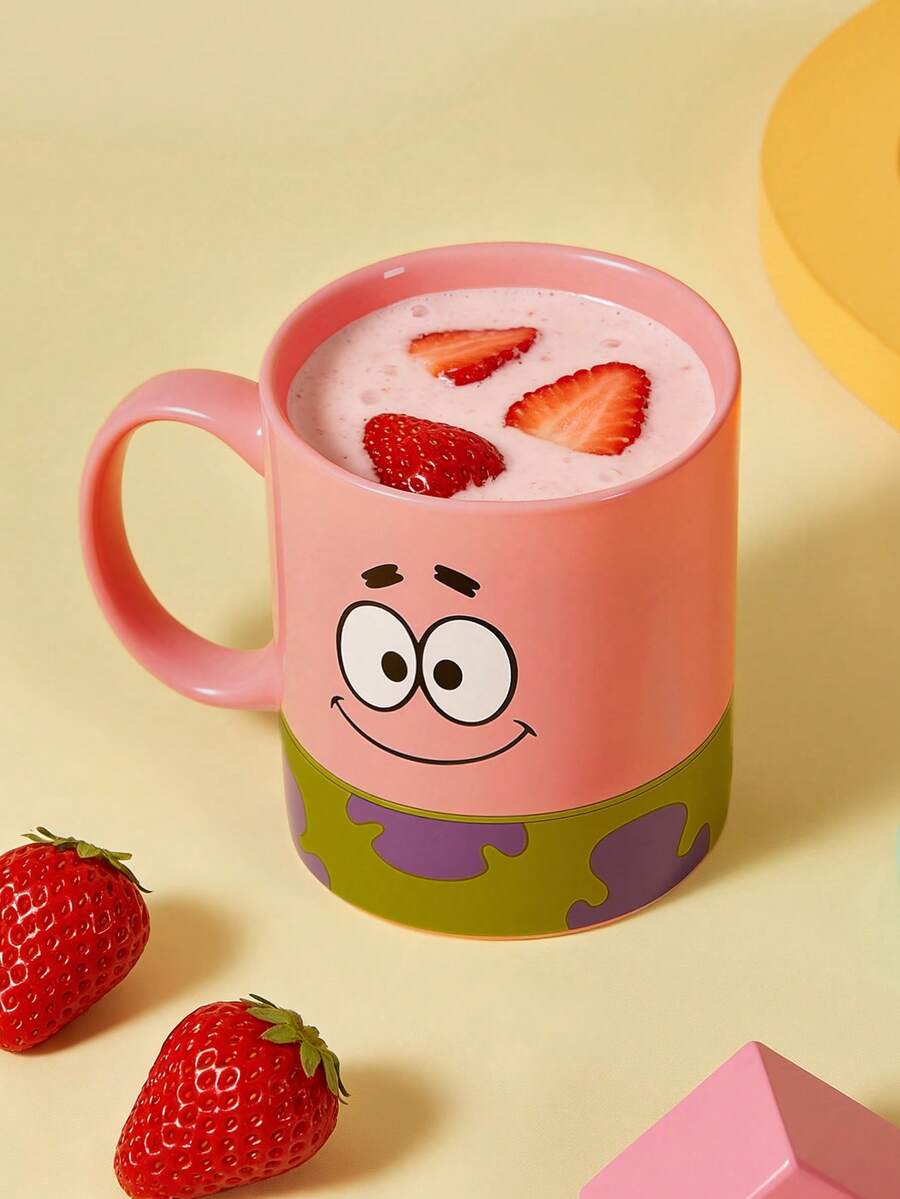 SpongeBob SquarePants | SHEIN 1 chiếc cốc sứ in hình hoạt hình 300ml, an toàn khi sử dụng trong lò vi sóng và máy rửa chén, thích hợp đựng nước, sữa, nước ép, cà phê, trà. - Màu Hồng baby - Xem 1