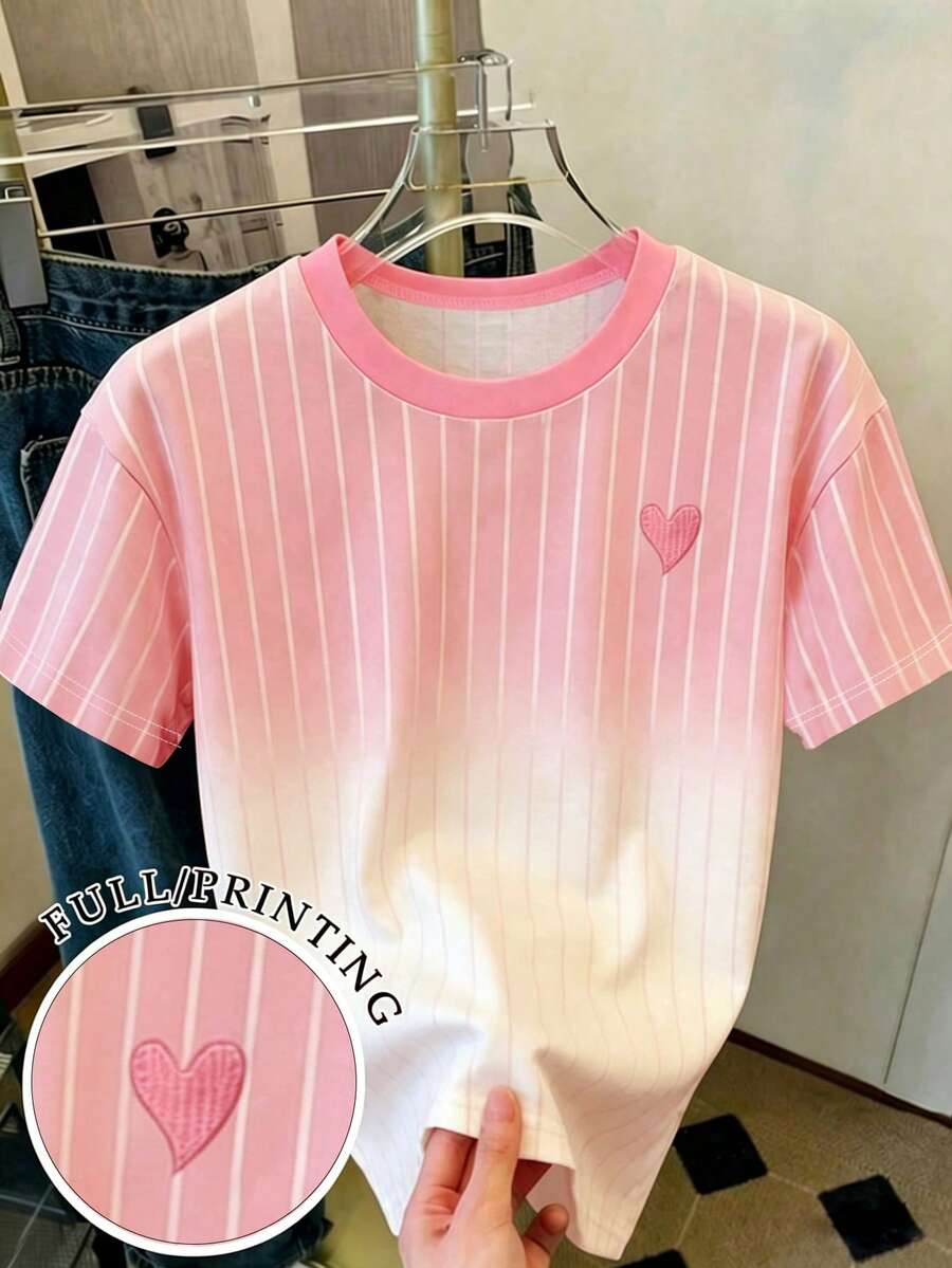 Girls' Ombre Vertical Striped Heart Print Contrast Color Round Neck Short Sleeve T-Shirt, Casual All-Match Versatile, Suitable For Outings, Spring, Summer, Autumn - Multicolor - View 1