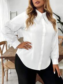 Juhart Plus Size Women's Solid Color Long Sleeve Single-Breasted Casual Shirt - White - View 7