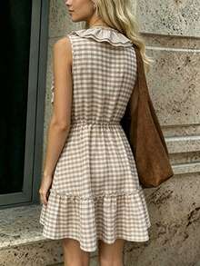 SHEIN PariChic Đầm không tay kiểu Pháp mới dành cho nữ, in hoa, viền bèo nhún, eo thắt. - Màu Khaki - Xem 2