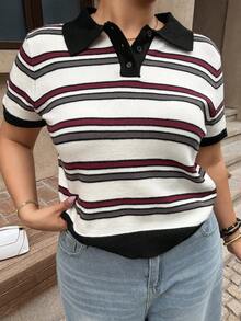 Dazy Plus 對比條紋 Polo 領短袖修身休閒 90 年代正式風春夏秋冬針織上衣，大尺碼女款夏季教師節白色 - 白色 - 查看 6