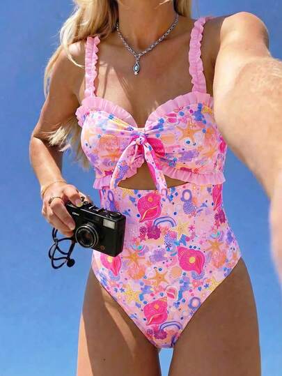 Swim Mod 1pc Women's Random Print Shoulder Strap Ruched Front Tie Design Cute & Sweet Beach Vacation Swimsuit, Summer