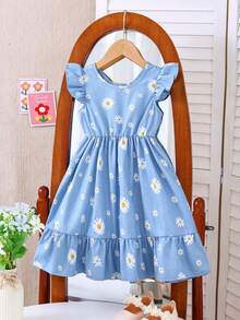 SHEIN Elladie kids 女童春夏休闲时尚新款连衣裙，纯黄色后背设计，饰有3D蝴蝶结，蓝色印花无袖A字裙，可爱舒适，适合日常、上学、度假、派对等场合，优雅的春夏装扮。 - 藍色 - 查看 2