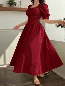Feyla Women's Solid Color Square Neck Ruched Bust Elegant Mid-Length Dress - Burgundy - View 6