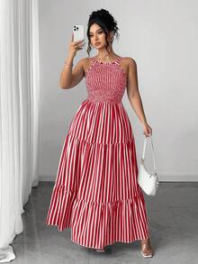 SHEIN Elenzya Đầm eo xếp ly cổ yếm kẻ sọc dọc dành cho nữ cỡ lớn - Đỏ - Xem 1