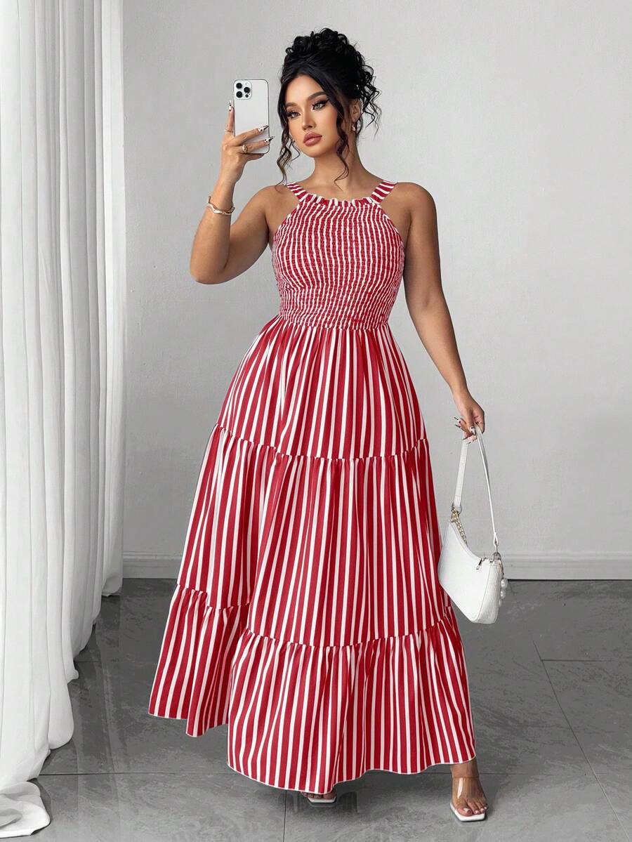 SHEIN Elenzya Đầm eo xếp ly cổ yếm kẻ sọc dọc dành cho nữ cỡ lớn - Đỏ - Xem 1