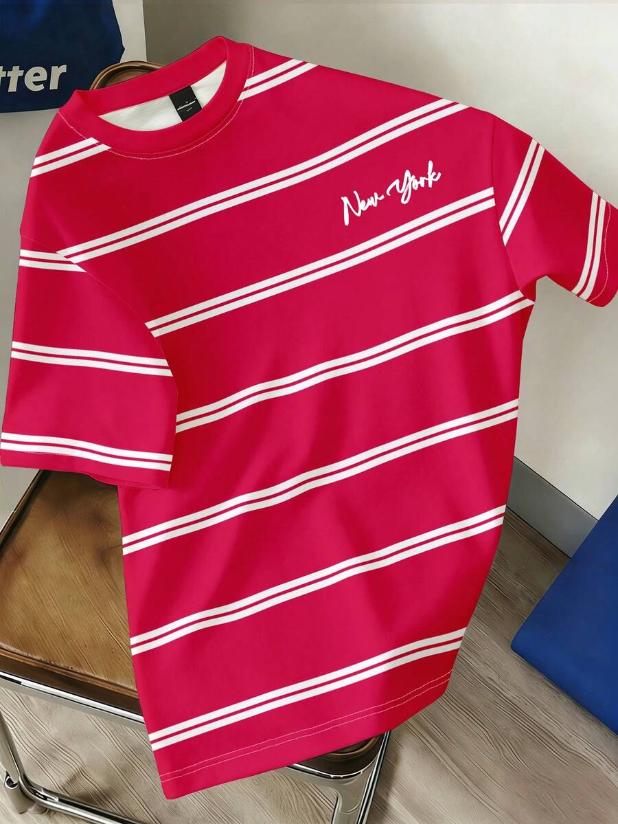 Manfinity Joysei Men's Letter & Stripe Print Round Neck Short Sleeve Casual T-Shirt - Hot Pink - View 1