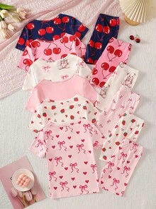 [1 Set Random] 2-Piece Tween Girl Sweet Cherry Heart Cartoon Bear Pattern Short Sleeve & Shorts Snug Fit Pajamas Soft Lightweight Summer Knit - Multicolor - View 2