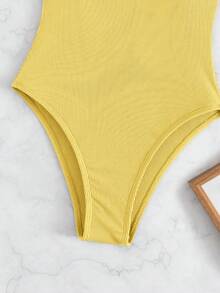 SHEIN Swim 女士纯色吊带连体泳衣，适合海滩度假、泳池派对、沙滩派对 - 黃色 - 查看 6