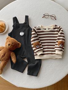 两件套男/女婴条纹长袖卫衣和灯芯绒小熊连体衣套装，舒适休闲可爱小熊图案基础款卫衣和连体衣，适合室内、室外、日常、运动、玩耍、派对、拍照、节日、万圣节、圣诞节、新年等秋冬季穿着。男婴小熊套装，男婴服装 - 彩色 - 查看 6