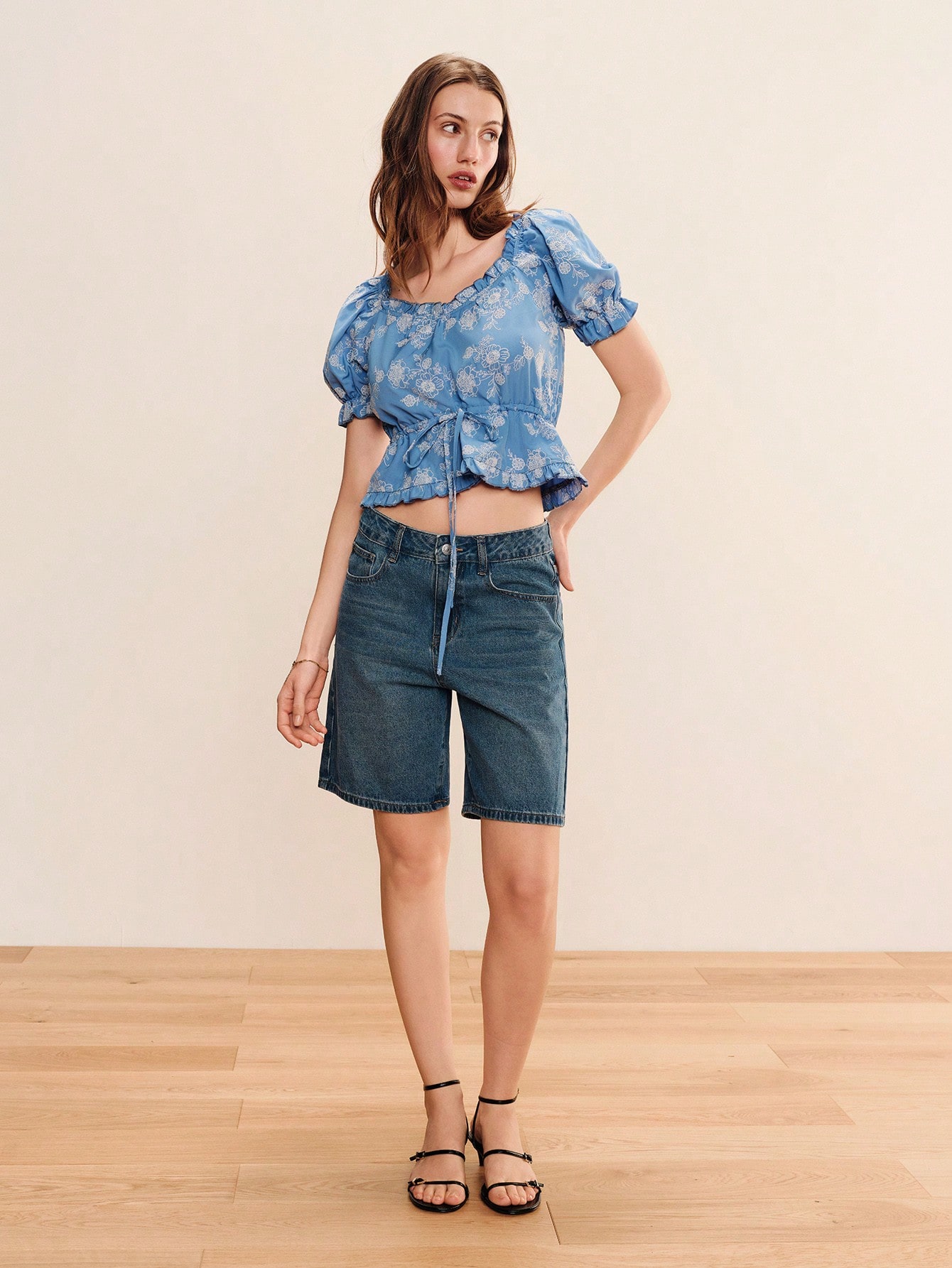 Blue Floral Embroidered Loose Fit Blouse With Puff Sleeves And Tie Waist Detail Spring Summer Holiday Top Vintage Top French Top Casual Top Work Top Office Top