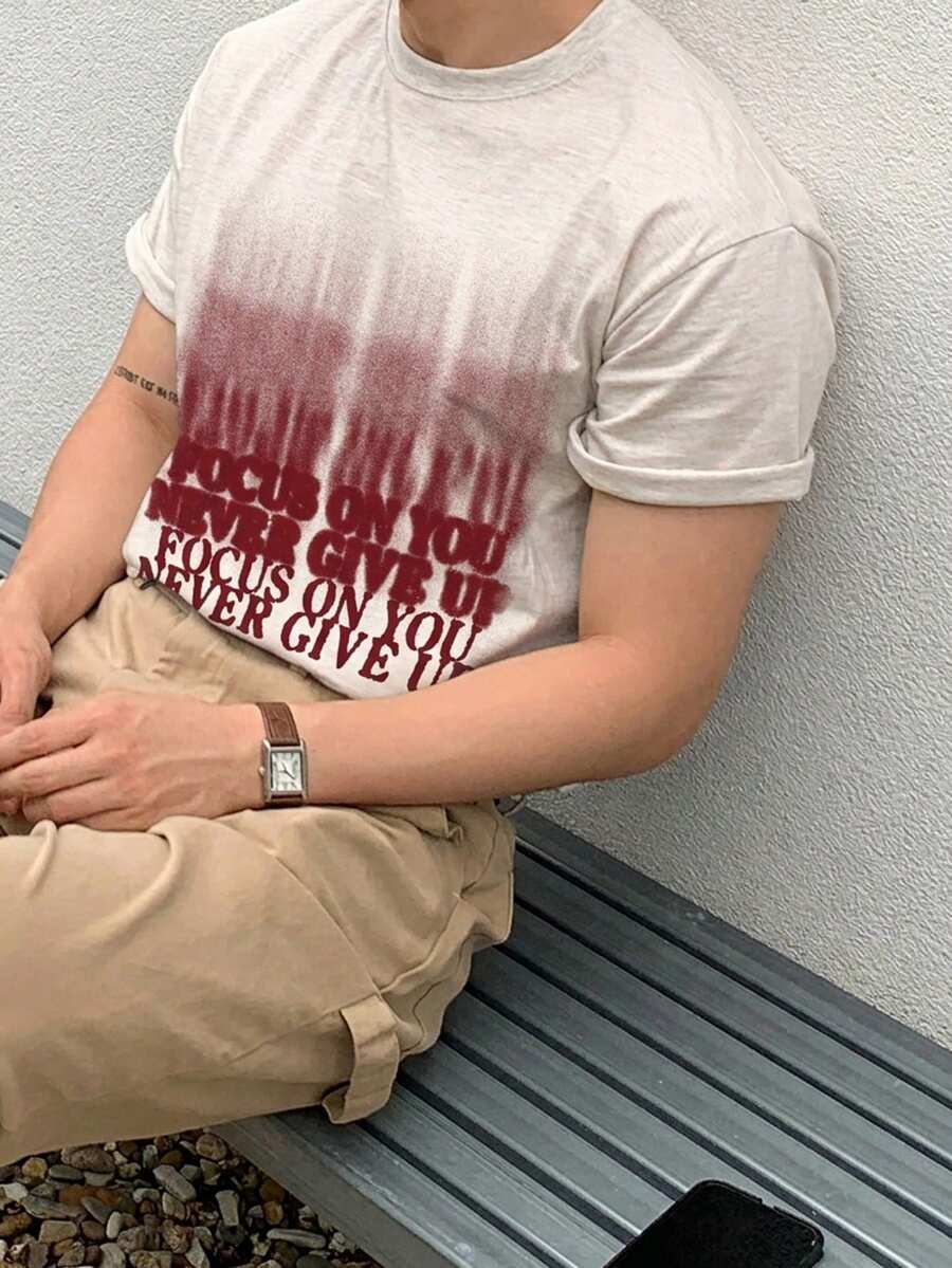 DAZY 男士字母印花休闲百搭日常短袖T恤 - 灰色 - 查看 1