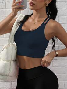 Gameset SHEIN Sport 女士夏季纯色交叉露背运动文胸 - 彩色 - 查看 4