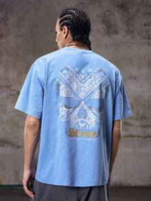 Skyrend Camiseta de manga corta con estampado gráfico lavado, estilo retro estadounidense de streetwear para hombres, cómoda y transpirable, adecuada para el verano, de moda - Celeste - Ver 2