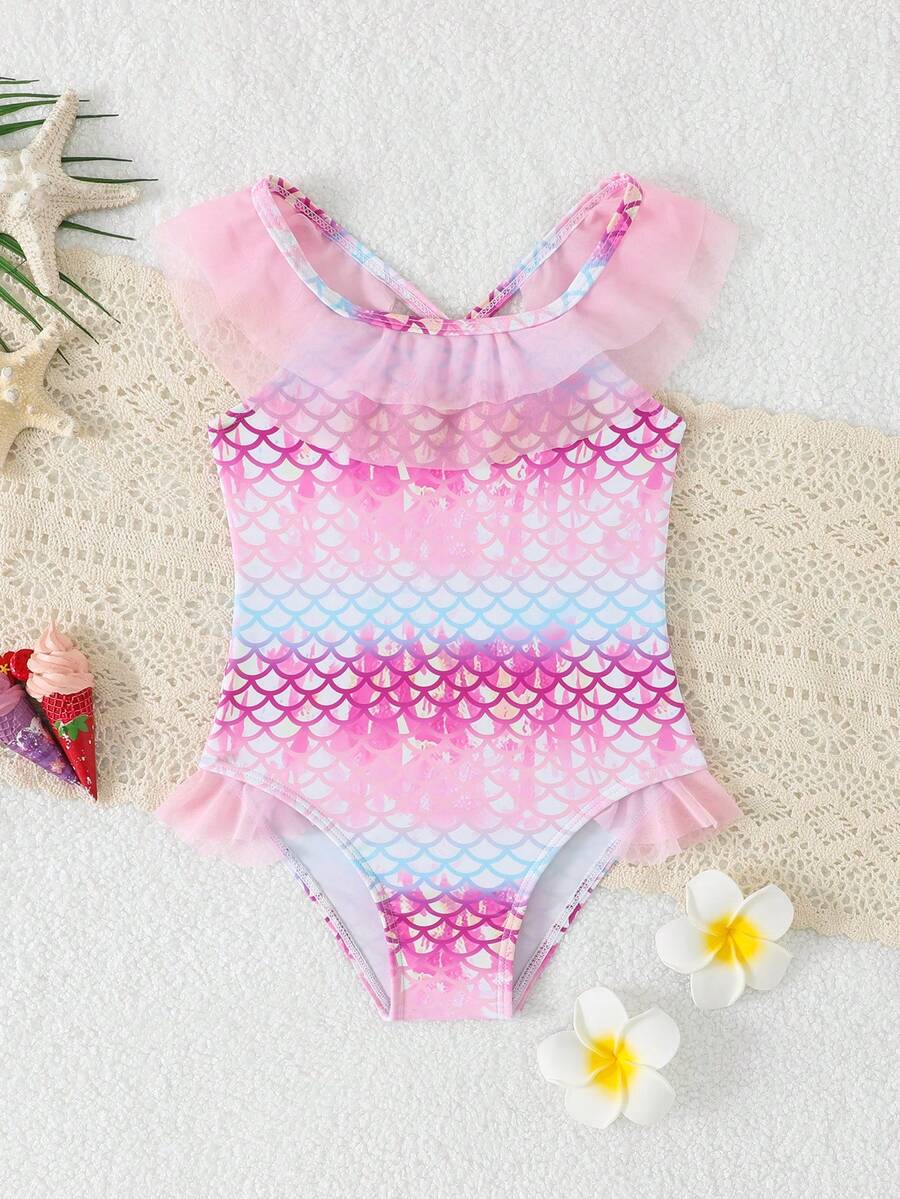 SHEIN Bộ áo tắm liền thân kiểu nàng tiên cá màu xanh hồng ombre in họa tiết vảy cá, viền ren, chất liệu lưới, thích hợp cho bãi biển và hồ bơi. - Nhiều màu - Xem 1
