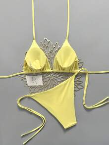 Swim Mod Conjunto de bikini con triángulo reversible y tiras laterales - Amarillo - Ver 2