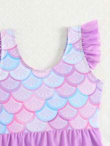 SHEIN 1pc Girls' Ombre Mermaid Scale Print Swimsuit, Soft & Comfortable Fabric With Flounce Hem And Mesh Skirt, Suitable For Beach, Resort, Swimming Pool - Purple - View 4