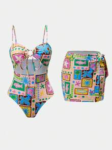 Swim Oasis Nuevo conjunto de 2 piezas de vestido con estampado de graffiti colorido, corte halter, encaje calado y tirantes desmontables para primavera/verano 2026. Elegante, sexy y casual con estilo Y2K para la playa, fiestas, festivales de música, citas y salir de fiesta. - Multicolor - Ver 7