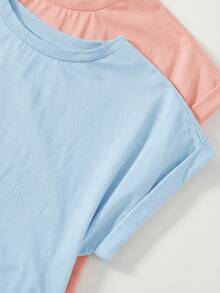SHEIN BASICS 2件/組 女款休閒素色針織圓領短袖迷你洋裝 夏季服飾 - 彩色 - 查看 3