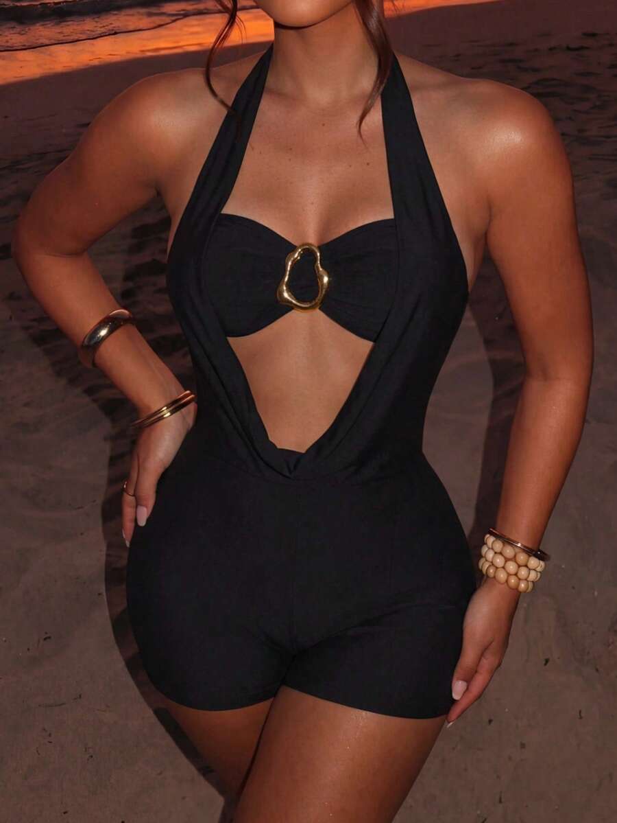 Sirith Black Draped Neck Romper Shorts - Black - View 1