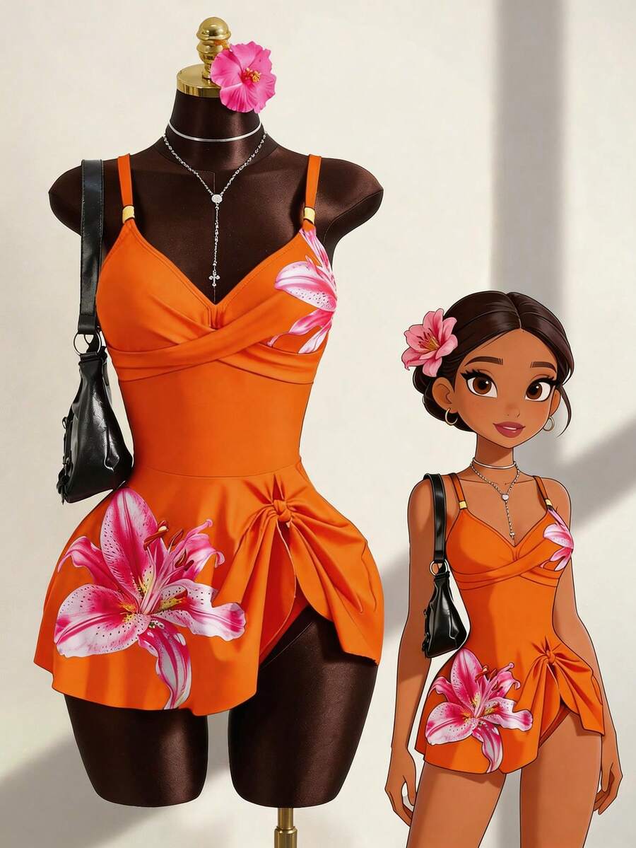 Hot Selling Spring/Summer Beach Vacation Adjustable Strap Metal Accessory Floral Print Bikini 2 Pieces Set - Burnt Orange - View 1