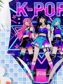 年轻女孩休闲简约春夏卡通女孩泳衣，酷炫渐变色，K-Pop巨星，卡通女团，印花图案，连体泳衣，适合夏季，图案印花，卡通，复古，撞色，Y2K，可爱，派对，度假，萌系 - 彩色 - 查看 5