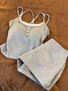 2pcs Women's Tank Top & Shorts Set, Spring/Summer - Grey - View 6