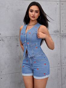 SHEIN ICON Áo vest denim nữ dáng casual, không co giãn, thêu hình quả anh đào, màu xanh nhạt. - Rửa nhẹ - Xem 6