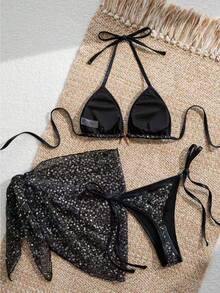 Swim SXY Bộ đồ bơi 3 mảnh dành cho nữ mùa Xuân/Hè 2026, bikini họa tiết ngôi sao năm cánh đính kim sa vàng. - màu đen - Xem 8