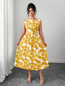 Elenzga Plus Size Elegant Round Neck Ditsy Floral Sleeveless Flared Dress - Yellow - View 1