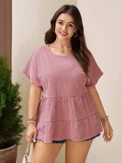 Comfylo Áo sơ mi nữ cỡ lớn cổ tròn kẻ caro nhún bèo, kiểu dáng thường ngày, đa năng.